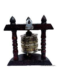 Brass Prayer Wheel On Wooden Frame, With Mantra Inside, Wall Mountable