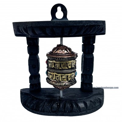 Brass Prayer Wheel On Wooden Frame, With Mantra Inside, Wall Mountable