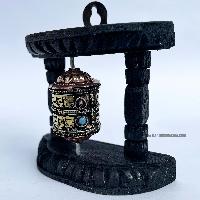 Brass Prayer Wheel On Wooden Frame, With Mantra Inside, Wall Mountable