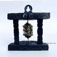 Brass Prayer Wheel On Wooden Frame, With Mantra Inside, Wall Mountable