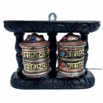 Double Brass Prayer Wheel On Wooden Frame, With Mantra Inside, Wall Mountable