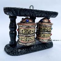 Double Brass Prayer Wheel On Wooden Frame, With Mantra Inside, Wall Mountable