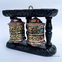 Double Brass Prayer Wheel On Wooden Frame, With Mantra Inside, Wall Mountable