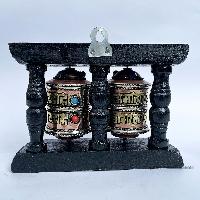 Double Brass Prayer Wheel On Wooden Frame, With Mantra Inside, Wall Mountable