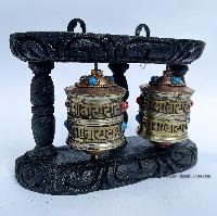 Double Brass Prayer Wheel On Wooden Frame, With Mantra Inside, Wall Mountable