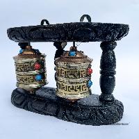 Double Brass Prayer Wheel On Wooden Frame, With Mantra Inside, Wall Mountable