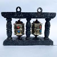 Double Brass Prayer Wheel On Wooden Frame, With Mantra Inside, Wall Mountable