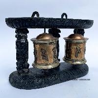 Double Brass Prayer Wheel On Wooden Frame, With Mantra Inside, Wall Mountable