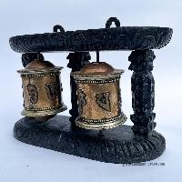 Double Brass Prayer Wheel On Wooden Frame, With Mantra Inside, Wall Mountable