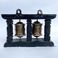 Double Brass Prayer Wheel On Wooden Frame, With Mantra Inside, Wall Mountable