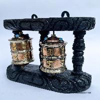 Double Brass Prayer Wheel On Wooden Frame, With Mantra Inside, Wall Mountable