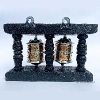 Double Brass Prayer Wheel On Wooden Frame, With Mantra Inside, Wall Mountable