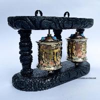 Double Brass Prayer Wheel On Wooden Frame, With Mantra Inside, Wall Mountable