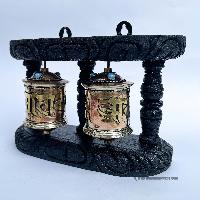 Double Brass Prayer Wheel On Wooden Frame, With Mantra Inside, Wall Mountable