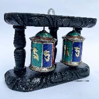 Double Brass Prayer Wheel On Wooden Frame, With Mantra Inside, [stone Setting], Wall Mountable