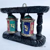 Double Brass Prayer Wheel On Wooden Frame, With Mantra Inside, [stone Setting], Wall Mountable