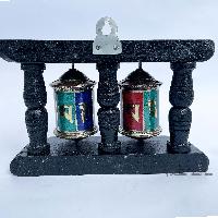 Double Brass Prayer Wheel On Wooden Frame, With Mantra Inside, [stone Setting], Wall Mountable