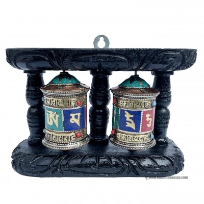 Double Brass Prayer Wheel On Wooden Frame, With Mantra Inside, [stone Setting], Wall Mountable