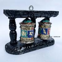 Double Brass Prayer Wheel On Wooden Frame, With Mantra Inside, [stone Setting], Wall Mountable