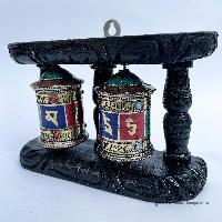 Double Brass Prayer Wheel On Wooden Frame, With Mantra Inside, [stone Setting], Wall Mountable