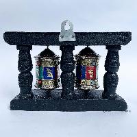 Double Brass Prayer Wheel On Wooden Frame, With Mantra Inside, [stone Setting], Wall Mountable