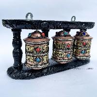 Triple Brass Prayer Wheel On Wooden Frame, With Mantra Inside, Wall Mountable