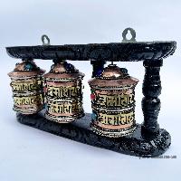 Triple Brass Prayer Wheel On Wooden Frame, With Mantra Inside, Wall Mountable