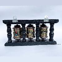 Triple Brass Prayer Wheel On Wooden Frame, With Mantra Inside, Wall Mountable