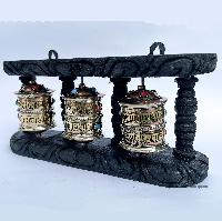 Triple Brass Prayer Wheel On Wooden Frame, With Mantra Inside, Wall Mountable