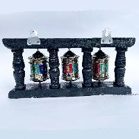 Triple Brass Prayer Wheel On Wooden Frame, With Mantra Inside, With [stone Setting], Wall Mountable