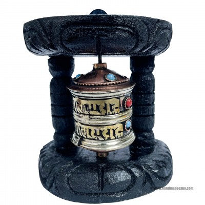 Brass Prayer Wheel On Wooden Frame, With Mantra Inside, Wall Mountable