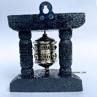 Brass Prayer Wheel On Wooden Frame, With Mantra Inside, Wall Mountable