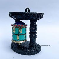 Brass Prayer Wheel On Wooden Frame [tourquise And Coral Stone Setting], With Mantra Inside, Wall Mountable