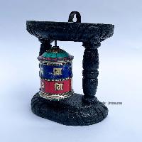 Brass Prayer Wheel On Wooden Frame [tourquise And Coral Stone Setting], With Mantra Inside, Wall Mountable