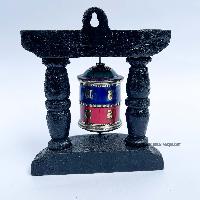 Brass Prayer Wheel On Wooden Frame [tourquise And Coral Stone Setting], With Mantra Inside, Wall Mountable