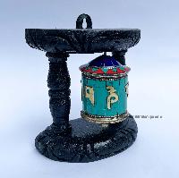 Brass Prayer Wheel On Wooden Frame [tourquise And Coral Stone Setting], With Mantra Inside, Wall Mountable