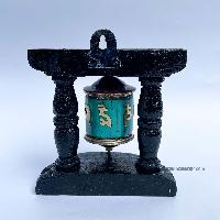 Brass Prayer Wheel On Wooden Frame [tourquise And Coral Stone Setting], With Mantra Inside, Wall Mountable