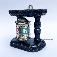 Brass Prayer Wheel On Wooden Frame [tourquise And Coral Stone Setting], With Mantra Inside, Wall Mountable