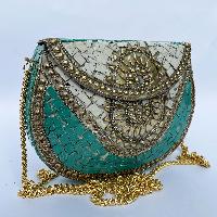 Nepali Handmade Big Ladies Bag With [stone Setting], [metal], [golden And Blue]