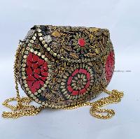 Nepali Handmade Big Ladies Bag With [stone Setting], [metal], [red And Golden Color]
