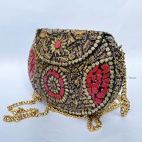 Nepali Handmade Big Ladies Bag With [stone Setting], [metal], [red And Golden Color]