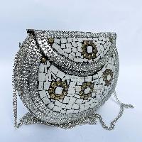 Nepali Handmade Big Ladies Bag With [stone Setting], [metal], [silver And White Color]