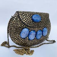 Nepali Handmade Big Ladies Bag With [stone Setting], [metal], [blue And Golden Color]