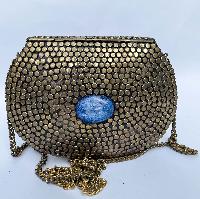 Nepali Handmade Big Ladies Bag With [stone Setting], [metal], [blue And Golden Color]