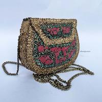 Nepali Handmade Small Ladies Bag With [stone Setting], [metal], [golden And Red Color]