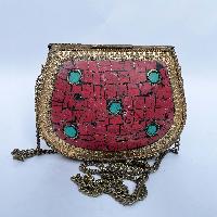 Nepali Handmade Small Ladies Bag With [stone Setting], [metal], [golden And Red Color]