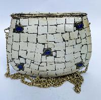 Nepali Handmade Small Ladies Bag With [stone Setting], [metal], [white And Golden Color]