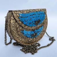 Nepali Handmade Small Ladies Bag With [stone Setting], [metal], [blue And Golden Color]