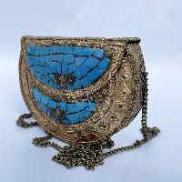 Nepali Handmade Small Ladies Bag With [stone Setting], [metal], [blue And Golden Color]