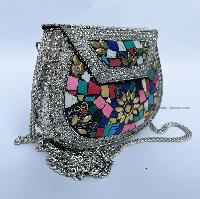 Nepali Handmade Small Ladies Bag With [stone Setting], [metal], [multi Color]